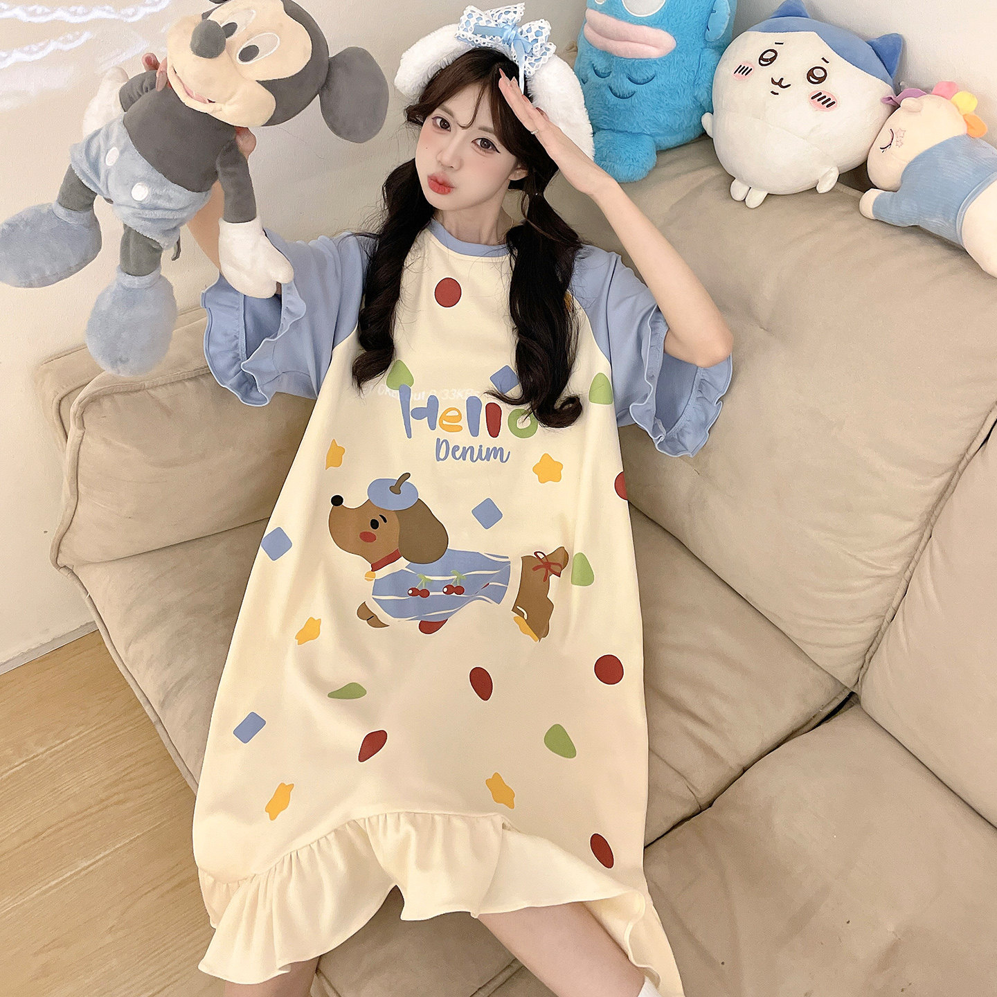 睡衣女款纯棉夏季短袖睡裙薄款卡通可爱少女学生胖mm加大码家居服