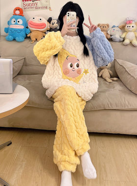 加绒加厚蓄热保暖女生款睡衣套装