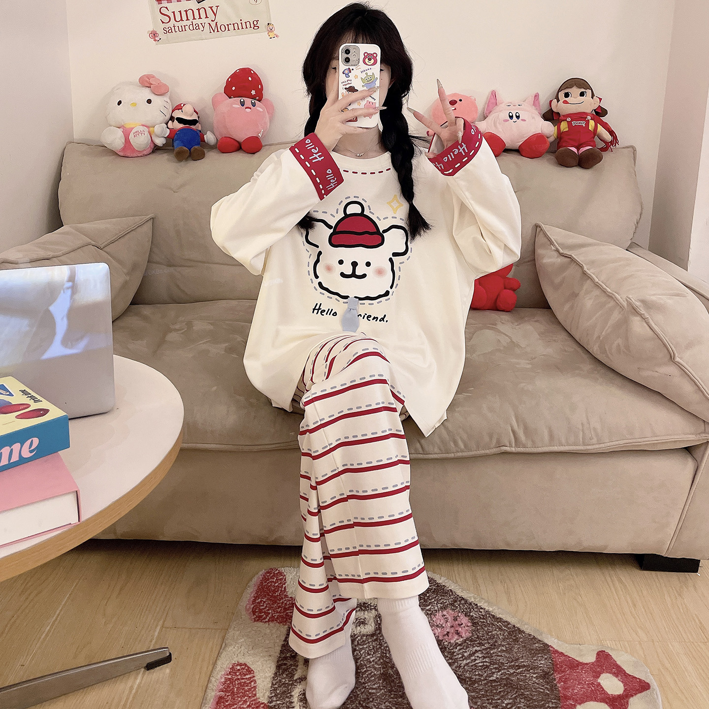 秋季睡衣女士纯棉长袖大童初中生春秋款女孩加大码胖mm少女家居服