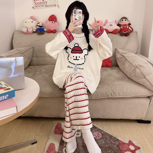 秋季睡衣女士纯棉长袖大童初中生春秋款女孩加大码胖mm少女家居服