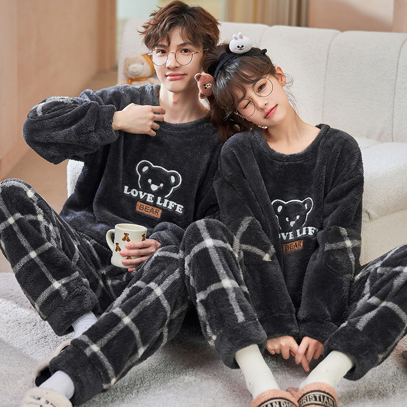 冬季情侣珊瑚绒睡衣加绒加厚大码