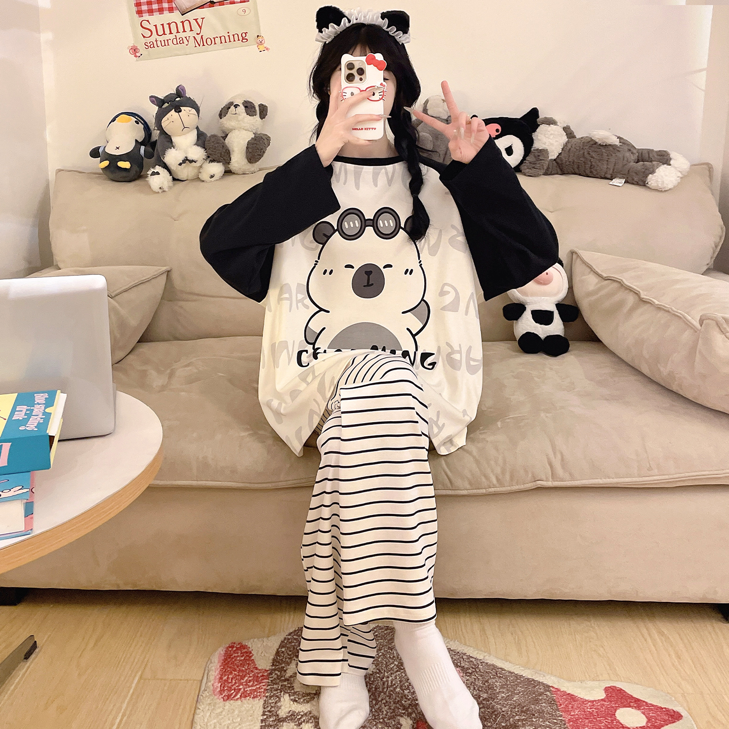 2025新款纯棉睡衣女款长袖春秋季初中生可爱少女加大码胖mm家居服