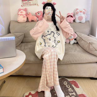 长袖睡衣女士春秋款纯棉初中生卡通少女大码胖mm200斤大童家居服