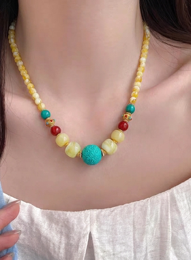 原创仿绿松石锁骨链回纹珠吊坠圆珠链蜜蜡琥珀配珠男女士文艺项链