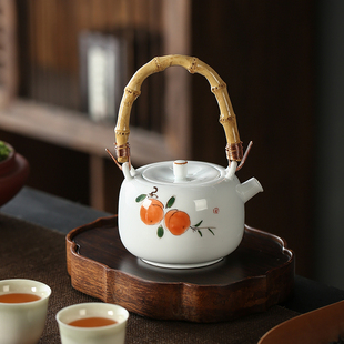 日式手绘陶瓷茶壶 家用泡茶单壶白瓷 手工小号提梁壶单个功夫茶具