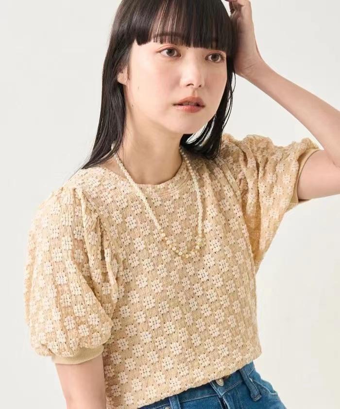 修身甜美套头短袖可爱蕾丝衫