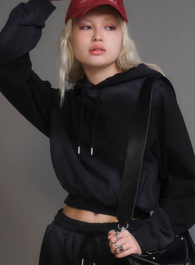 日单新款ACLENT水洗染色图案短款时尚宽松连帽卫衣上衣套装