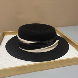 秋冬全羊毛时尚平顶帽百搭撞色礼帽显脸小帽子女休闲逛街毛呢帽子