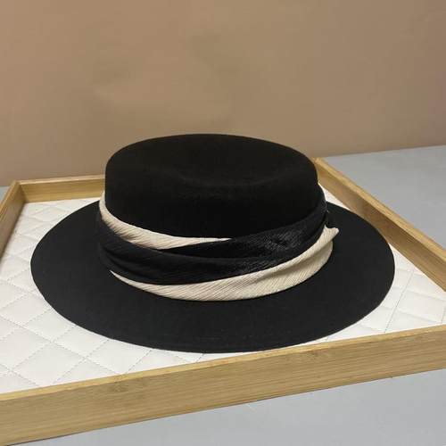 法式拼色褶皱丝带羊毛呢平顶帽