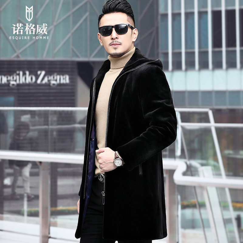 貂皮大衣男连帽中长款修身貂绒高档裘皮男装海宁休闲真皮皮草水貂