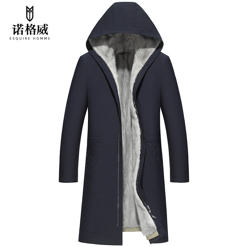 派克服男蓝宝石灰貂内胆长款连帽整貂皮毛一体水貂大衣皮草外套冬