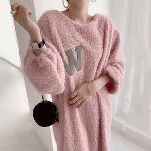 秋冬休闲慵懒ins毛绒打底连衣裙宽松长款 过膝加绒卫衣裙 女装 韩版