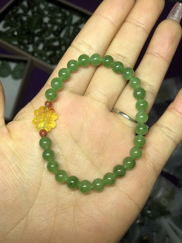 天然和田玉碧玉卡6厘单圈手串碧玉老料配蜜蜡四叶草南红米珠送人