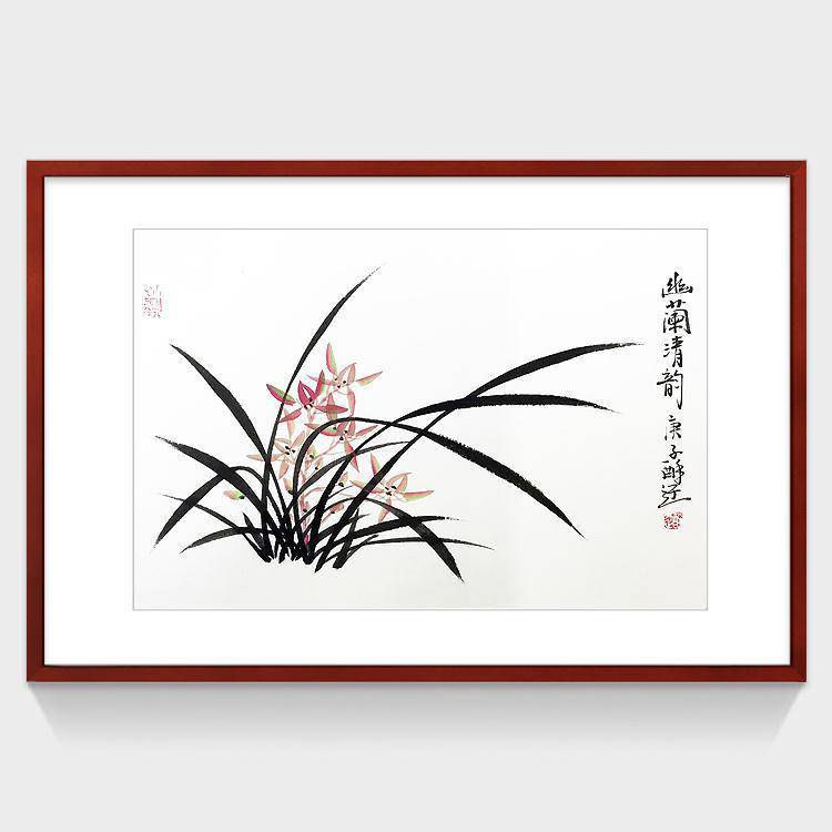 纯手绘镜框画手工画国画写意画水墨画书房卧室餐厅挂画兰花兰石图