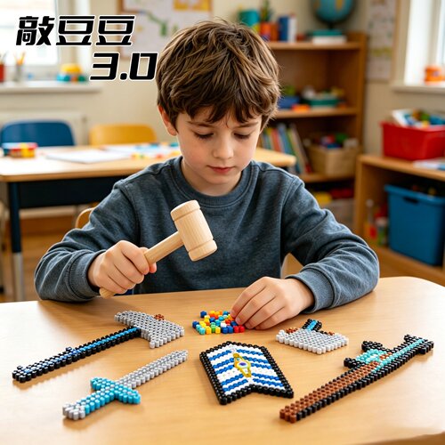 儿童DIY拼豆玩具彩色颗粒拼图手工制作益智游戏敲击玩具敲豆豆3.0