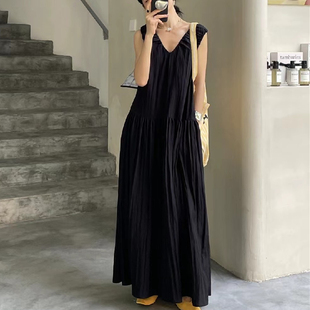 赫本风V领无袖简约款显瘦连衣裙2025夏季品女SOUL DETAIL露背长裙