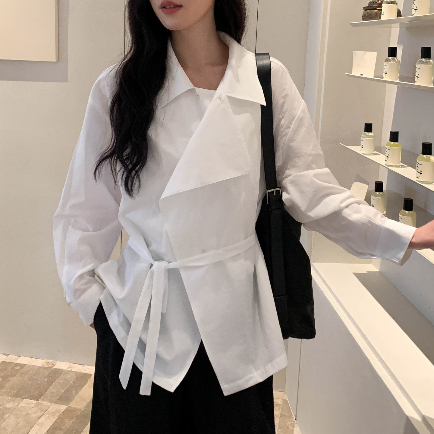 韩版翻领不规则设计感衬衣2026春装新款系带风衣式薄款衬衣外套