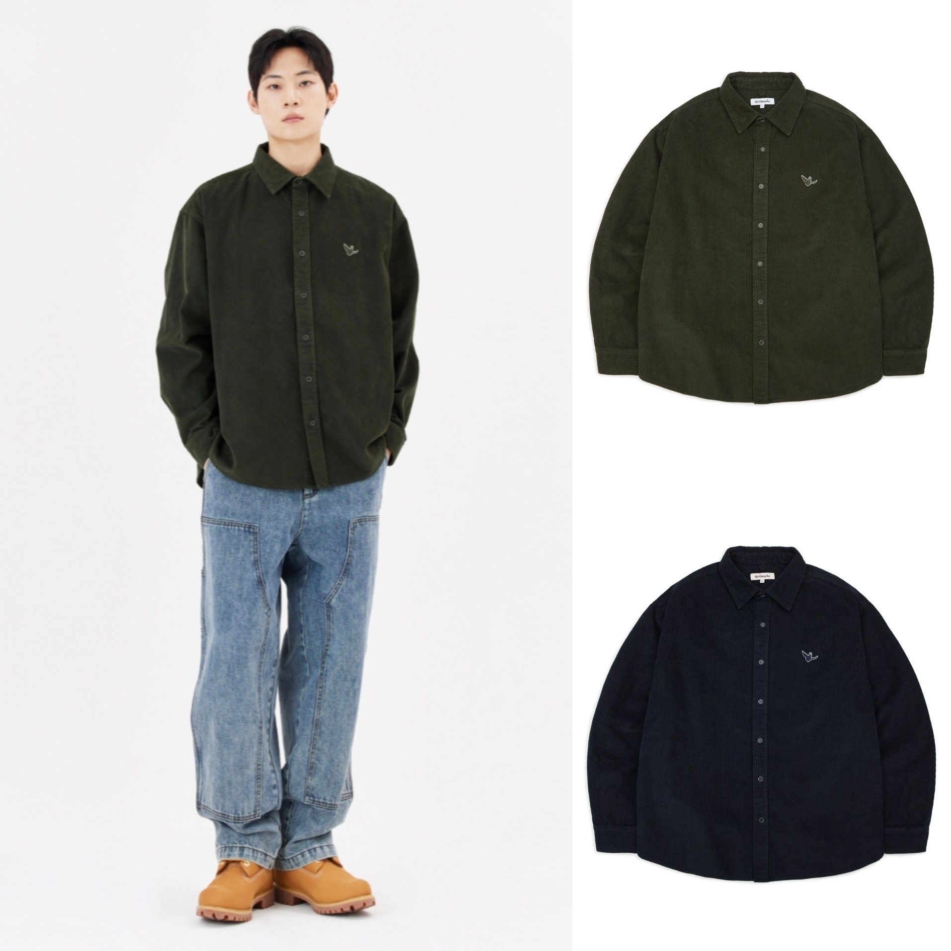 韩国潮牌正品whatitisnt小飞人刺绣天使高克重翻领灯芯绒长袖衬衫