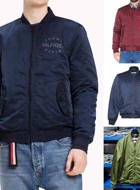 断码特价！TOMMY汤米缎面纯色印花尼龙飞行服夹克厚棉服外套