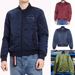 断码特价！TOMMY汤米缎面纯色印花尼龙飞行服夹克厚棉服外套