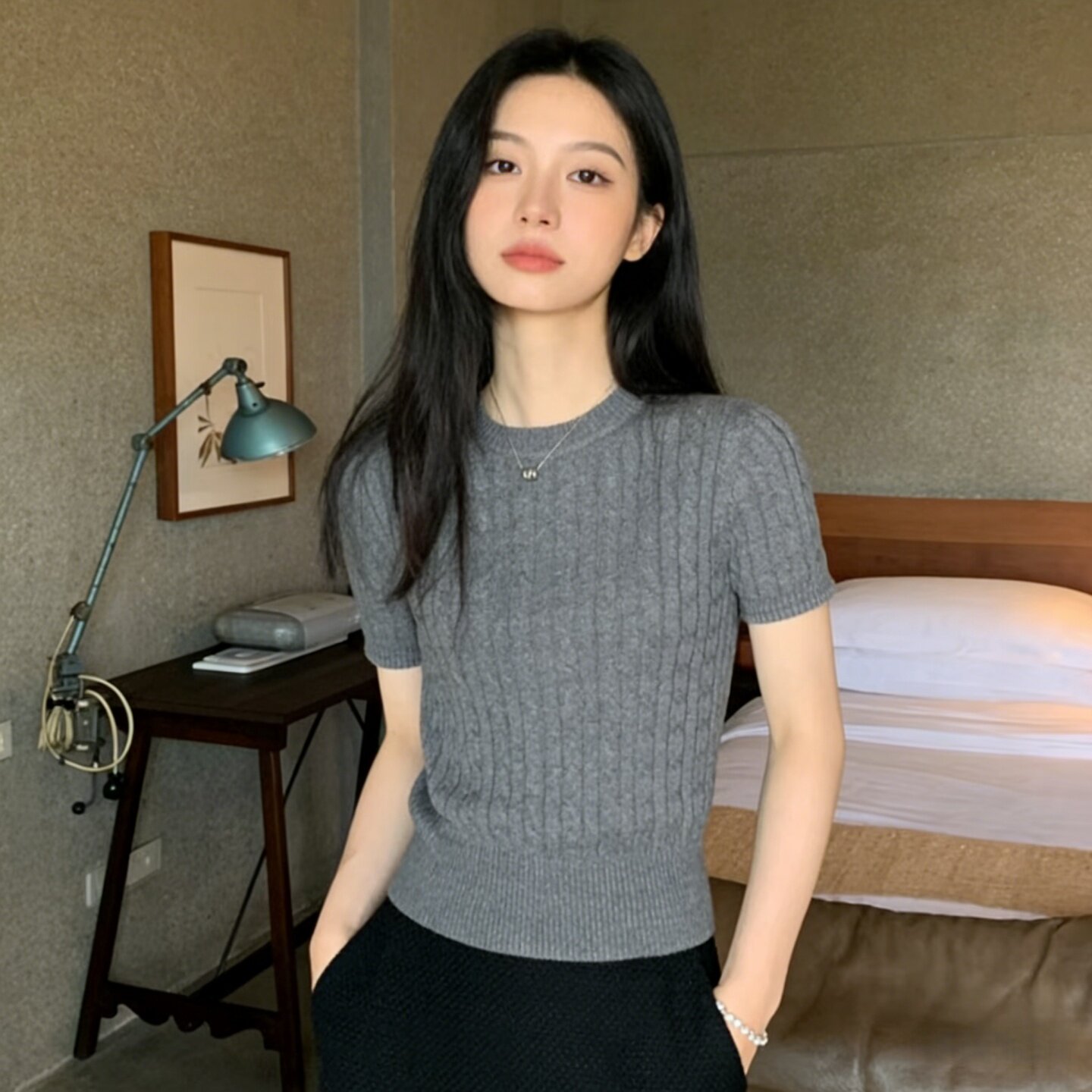 韩版麻花纹短袖针织衫女 春夏灰色圆领修身显瘦气质坑条毛衣上衣