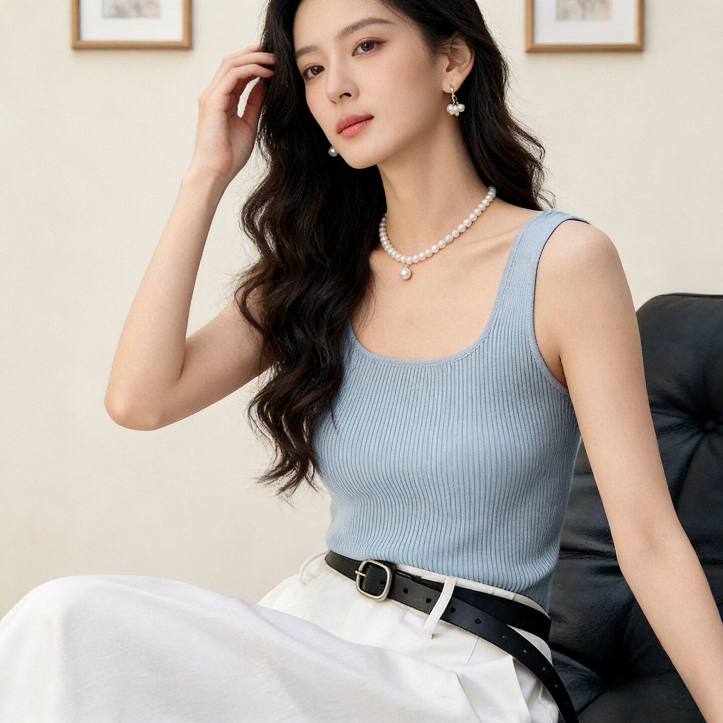 方领针织吊带背心女雾霾蓝显瘦