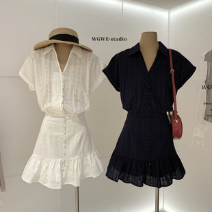 WGWE夏日女装法式miu系少女感立体提花减龄翻领短款连衣裙W10036