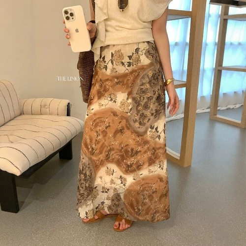 柠檬绿茶2026夏日女装度假风绝美复古花卉晕染印花A字鱼尾半身裙