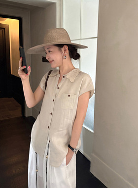 沁薇 知性老钱 亚麻刺绣翻领复古纽扣透气衬衫女2026夏新款26886