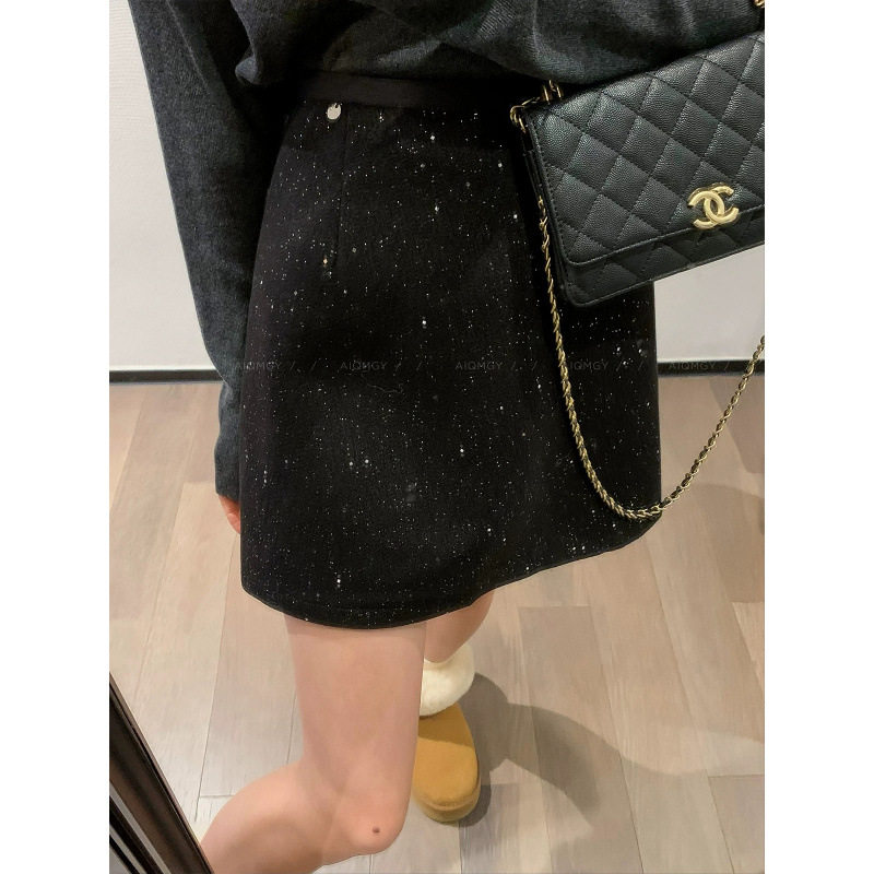 黑色时尚高腰加厚碎钻半身裙女2024秋冬新款韩版直筒A字短裙子潮