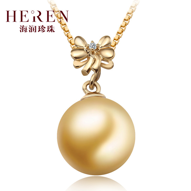 海润珍珠 18k海水珍珠吊坠 单颗珍珠项链 镶钻吊坠女 配送银链