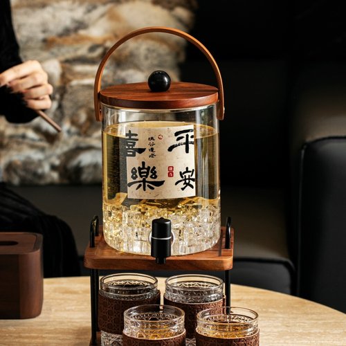 高颜值冷水壶带龙头套装玻璃新中式大容量家用凉水壶饮料水果茶桶