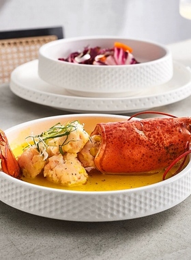 日式白色深盘高级感陶瓷菜盘复古拌饭盘西餐蔬菜沙拉盘商用汤盘