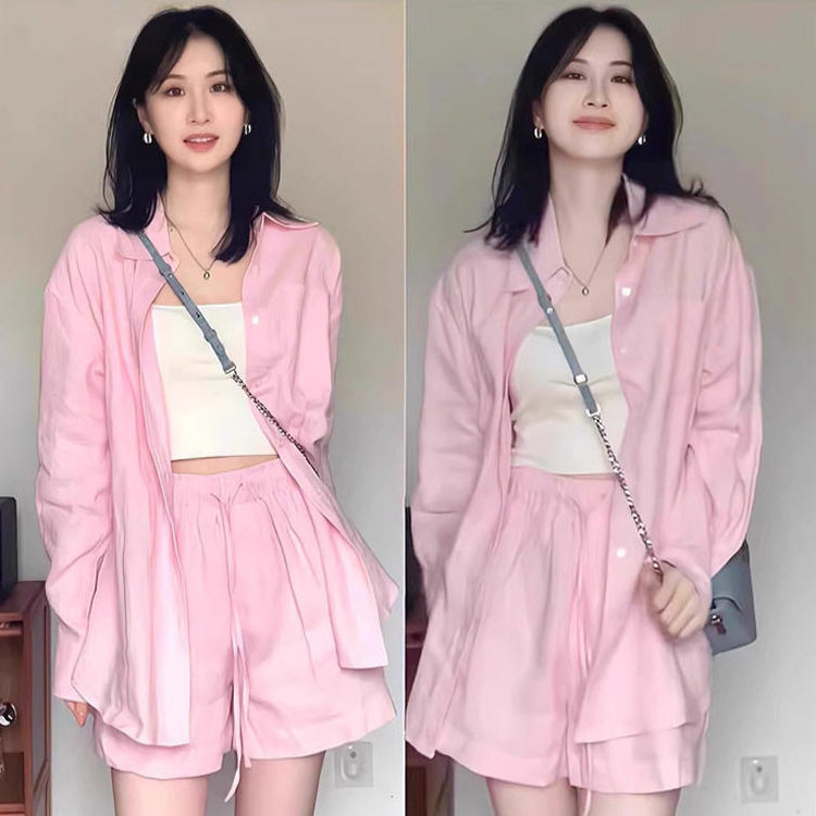 多巴胺粉色件套套装女夏洋气减龄轻薄休闲运动衬衫高腰短裤两防晒