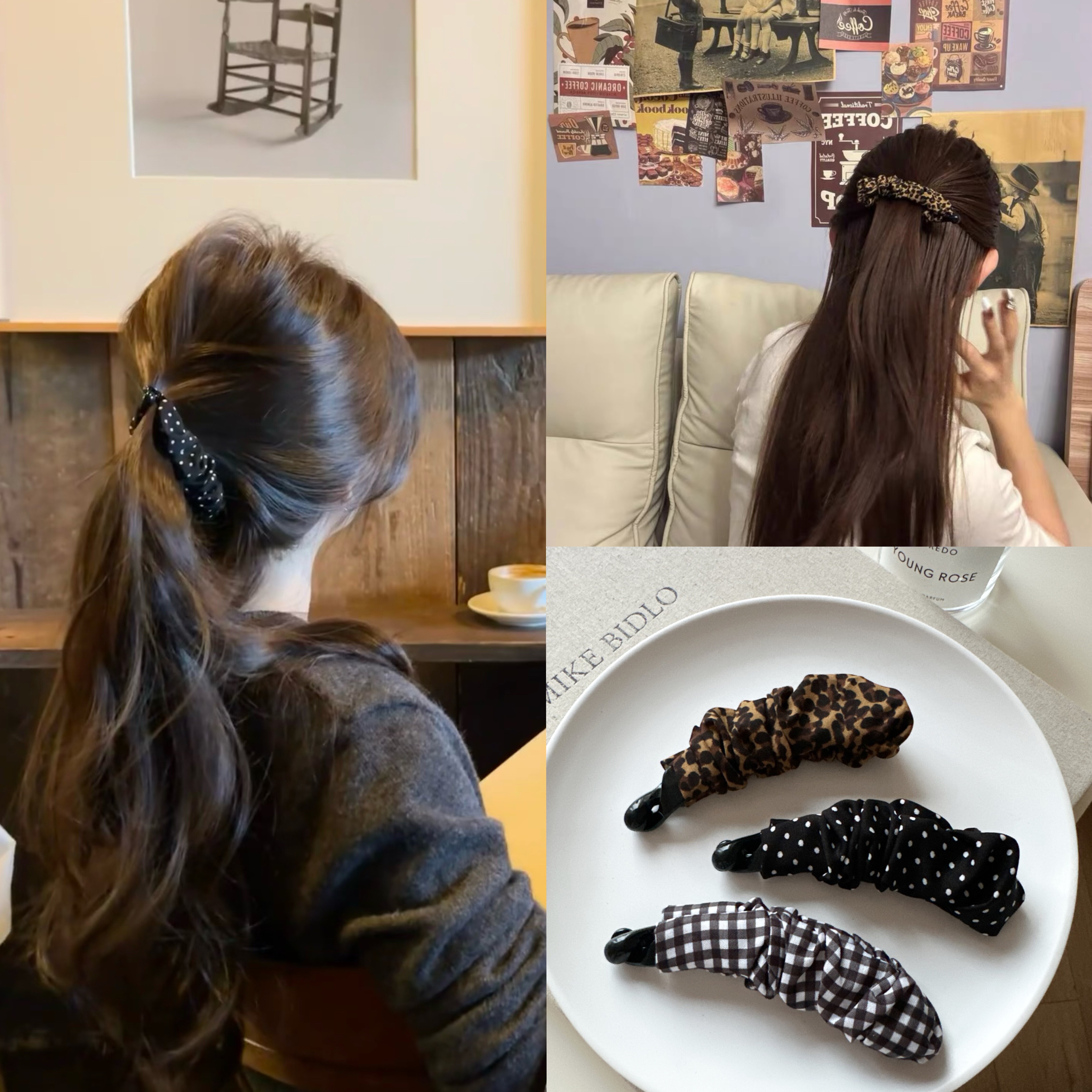 复古豹纹波点褶皱香蕉夹高级感马尾扭扭竖夹后脑勺显发量横夹发卡