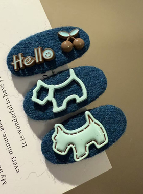 日韩新款可爱蓝色小狗樱桃发夹刘海夹新款手做原创设计碎发边夹子