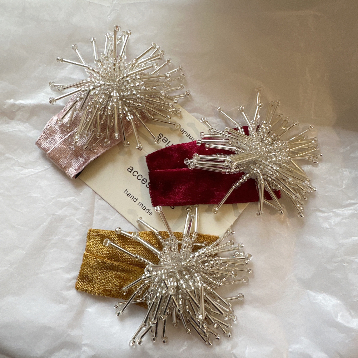 缪系千金复古金色烟花手工串珠丝绒发夹高级感侧边刘海夹碎发边夹