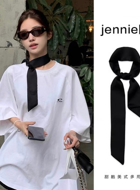 jennie同款黑色丝巾围脖新款韩版甜酷少女百搭丝带飘带领巾围巾