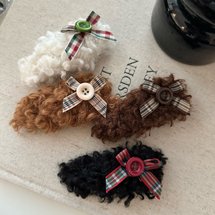 秋冬新款羊卷毛纽扣蝴蝶结毛绒发夹刘海夹碎发边夹毛绒绒发卡视频
