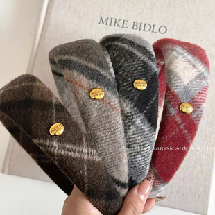 日韩新款 毛呢毛绒格子金标发箍秋冬复古百搭外出发饰头箍发夹 宽款