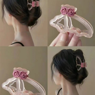 甜美可爱蝴蝶镂空发抓夹子复古超仙白玫瑰发饰发卡子ins风2024款