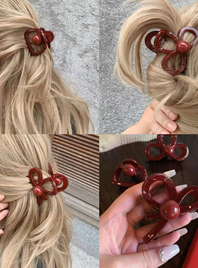 安哥拉红中号抓夹女高级感洋气时尚蝴蝶结慵懒风半扎发鲨鱼夹发饰