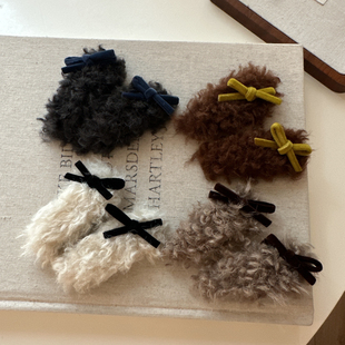 秋冬新款羊羔毛绒蝴蝶结发夹刘海夹碎发边夹咖色系bb夹侧边夹发卡