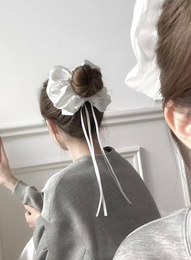 韩系芭蕾风白色缎面大肠发圈法式蝴蝶结飘带丸子头气质高级感发饰