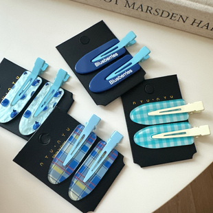 韩系可爱蓝色格子无痕夹网红碎发刘海夹前额对夹侧边夹发卡发饰品