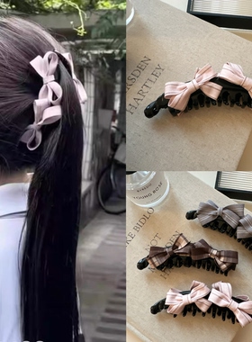 韩系甜美少女粉色立体双蝴蝶结香蕉夹新款高马尾发夹显发量发夹子