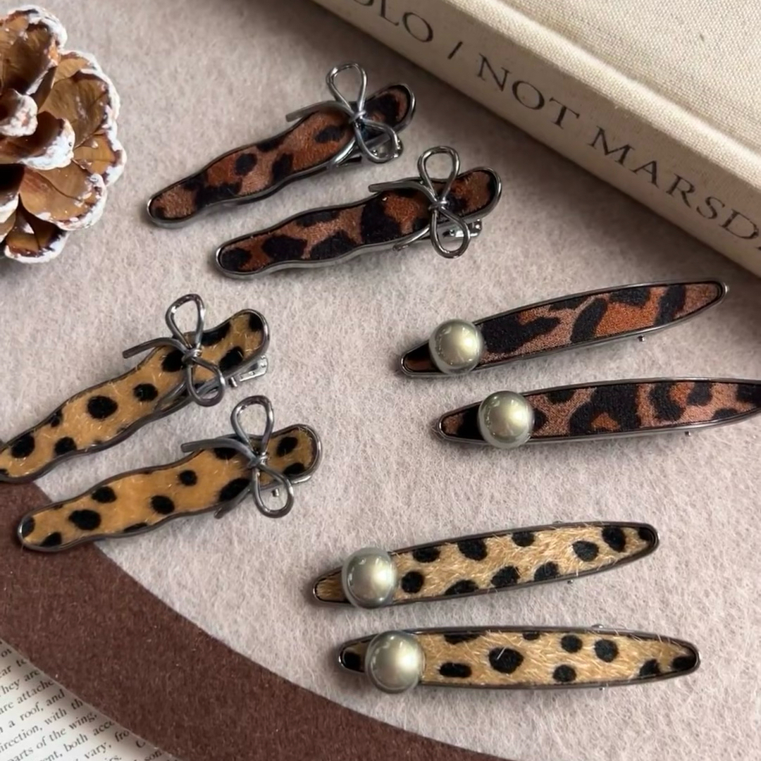 秋冬复古豹纹珍珠蝴蝶结发夹高级百搭甜酷刘海侧边夹碎发夹头饰女
