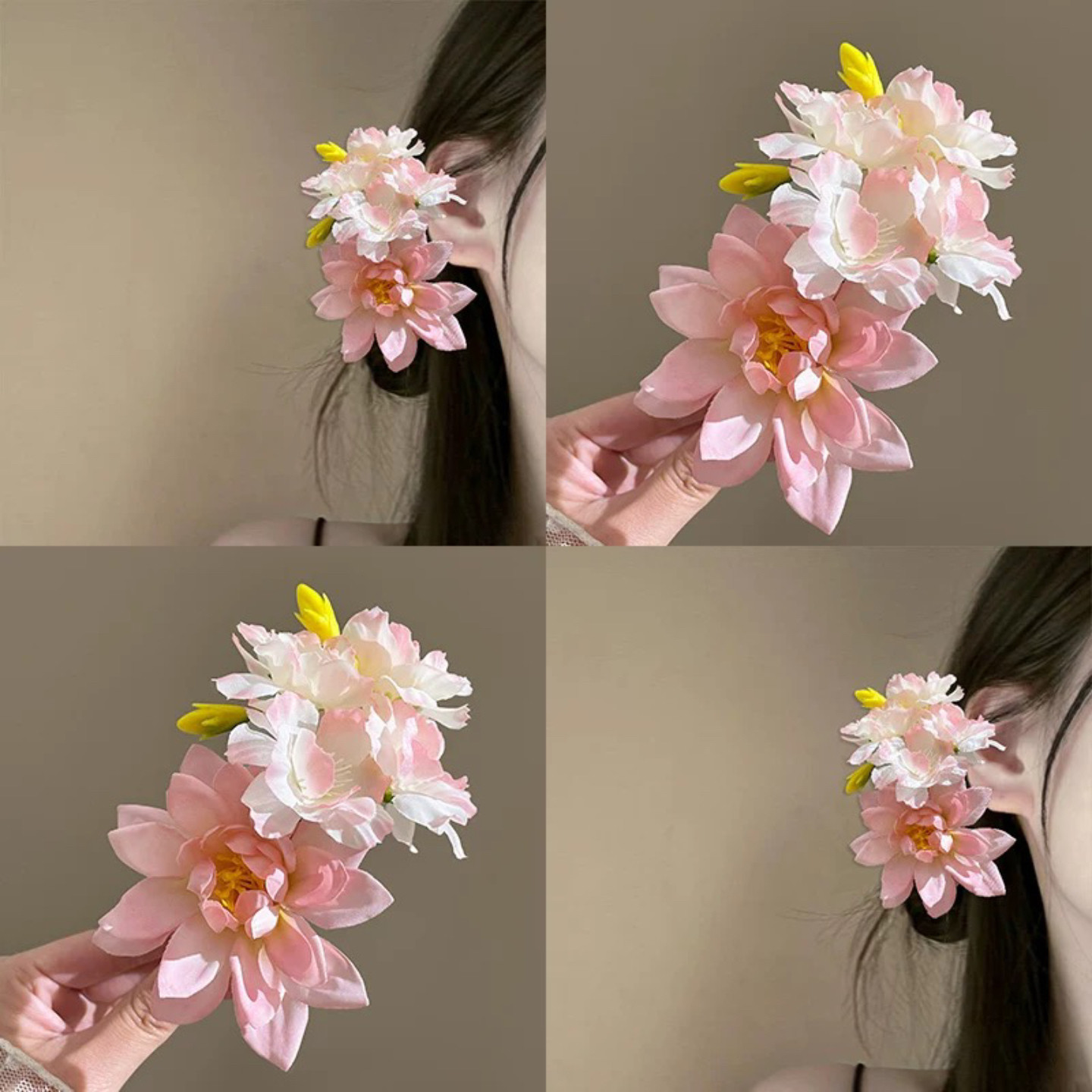 浪漫温柔粉色花朵发夹侧边丸子头仿真玫瑰花头花度假拍照花朵发卡图片