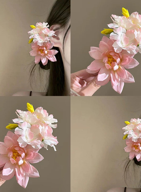 浪漫温柔粉色花朵发夹侧边丸子头仿真玫瑰花头花度假拍照花朵发卡