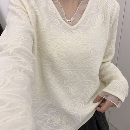 重工网纱刺绣韩系V领拼接订珠提花设计图案纯色洋气内搭针织衫